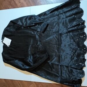 & Other Stories Black Shimmery Long Sleeve A Line Scallop Eyelet Midi Dress A25